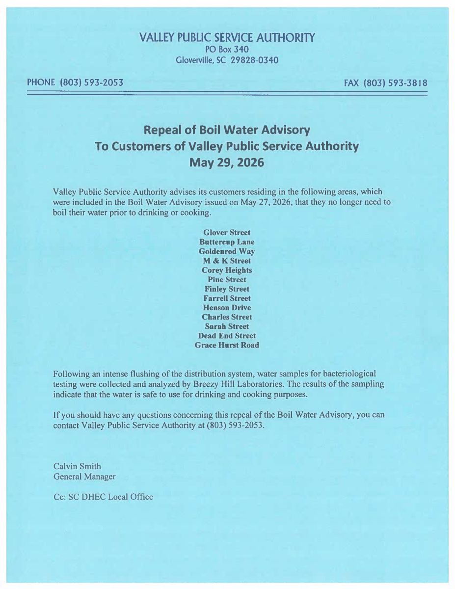 REPEAL OF BOIL WATER ADVISORY MAY 29 2026