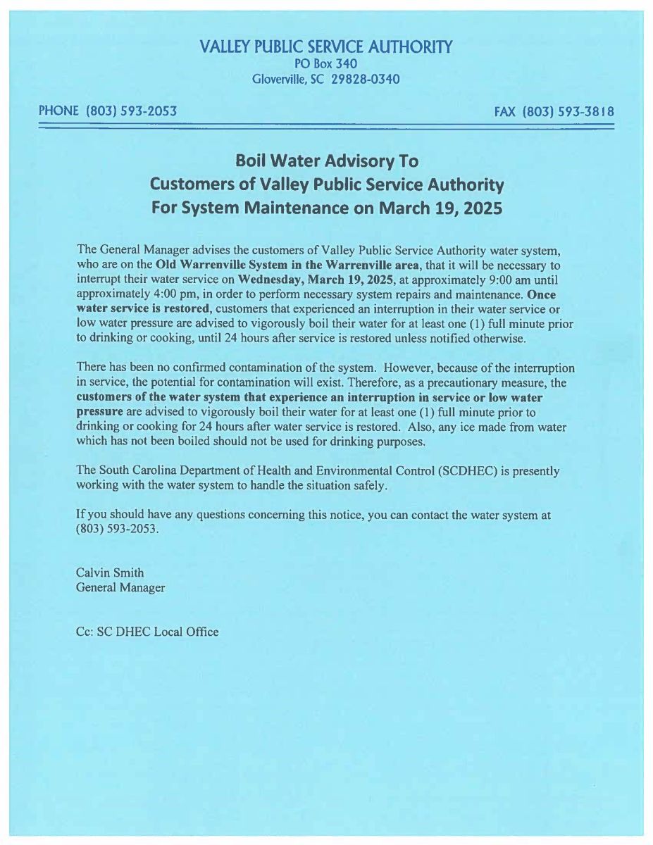 BOIL WATER ADVISORY MARCH 19 2025