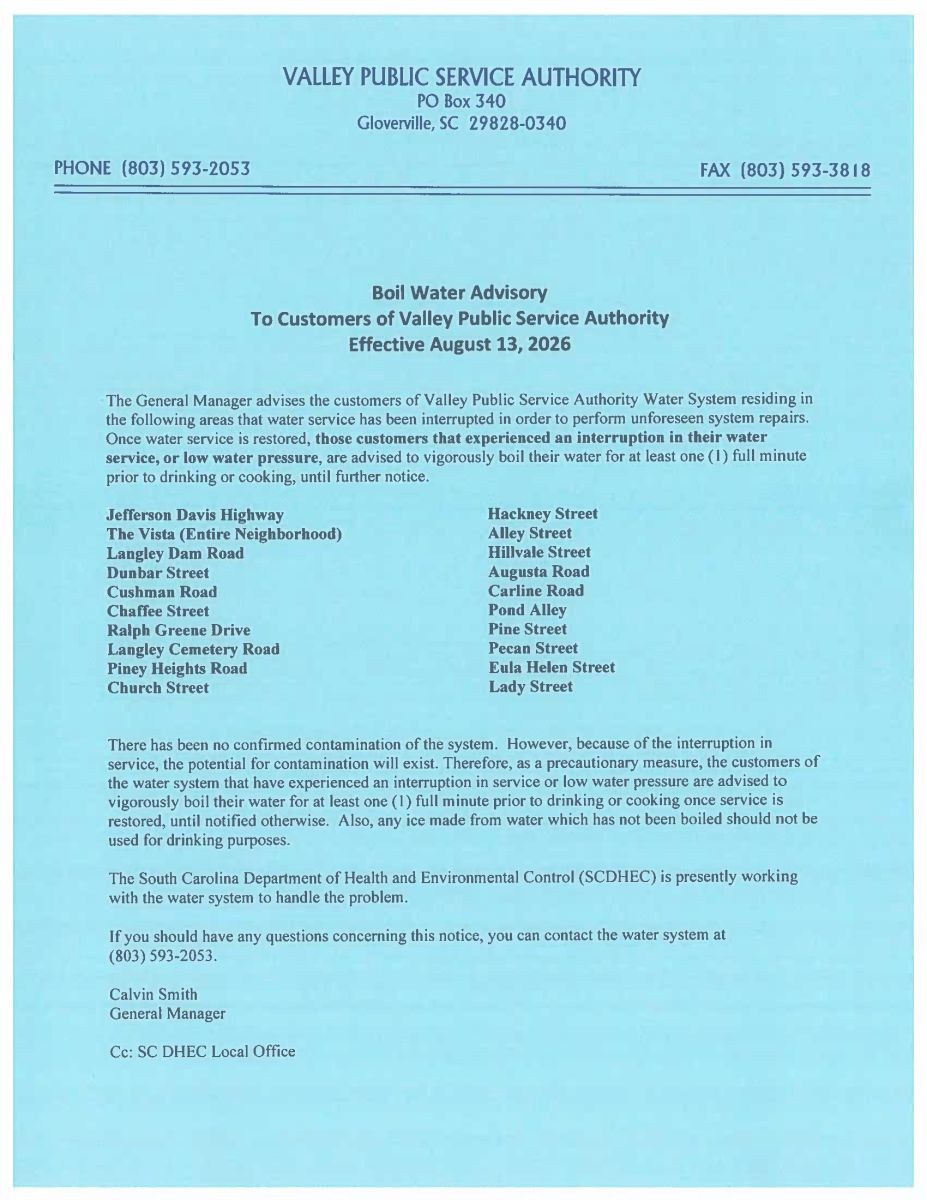 BOIL WATER ADVISORY AUGUST 13 2026