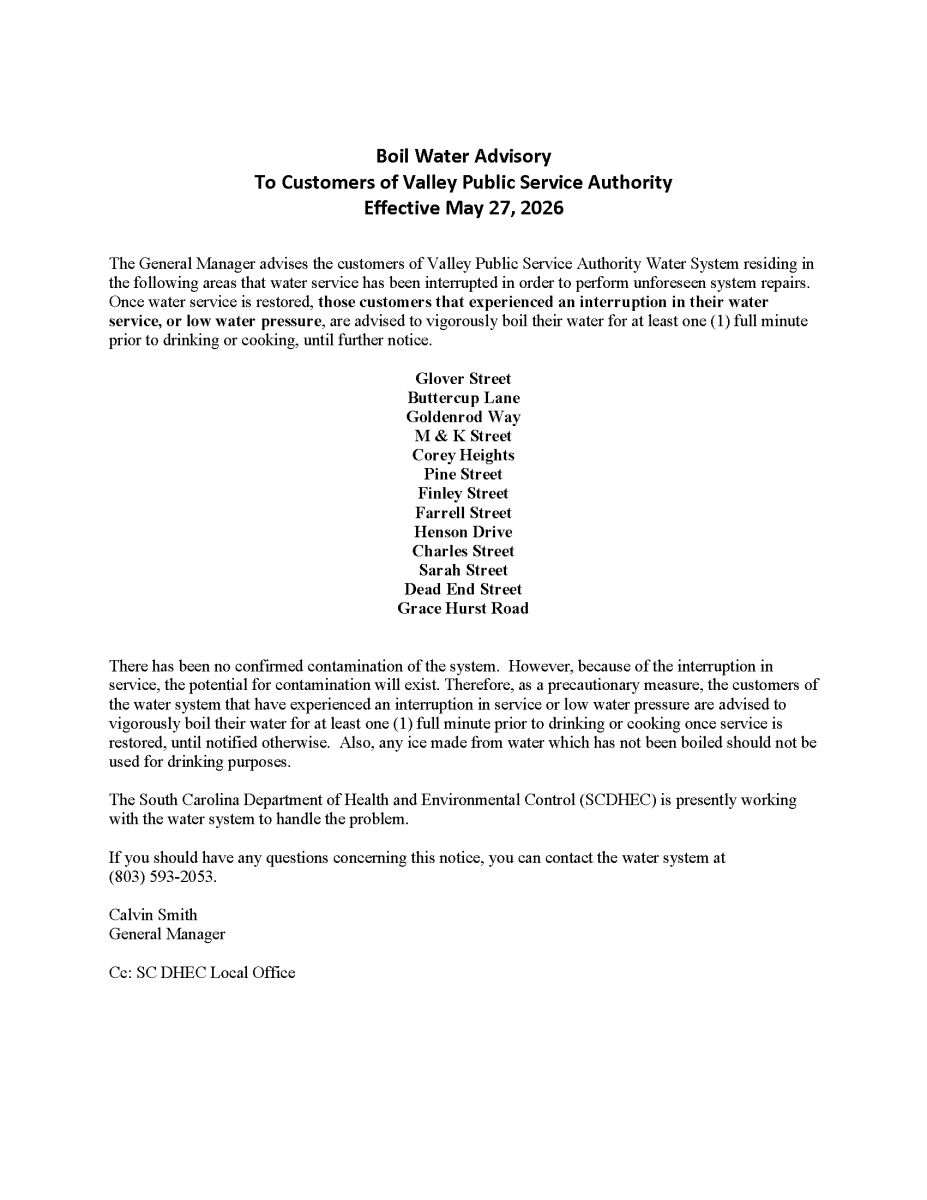 BOIL WATER ADVISORY MAY 27 2026